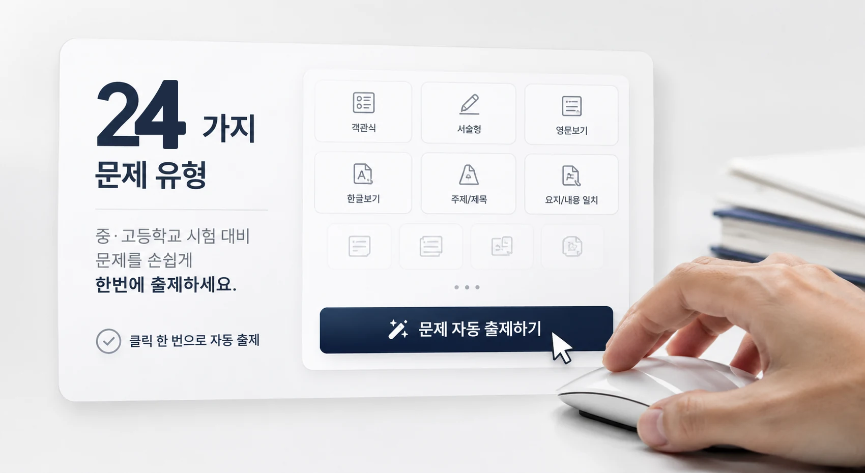 지문을 넣고 클릭 한 번으로 24개 유형 문제가 자동 출제되는 화면